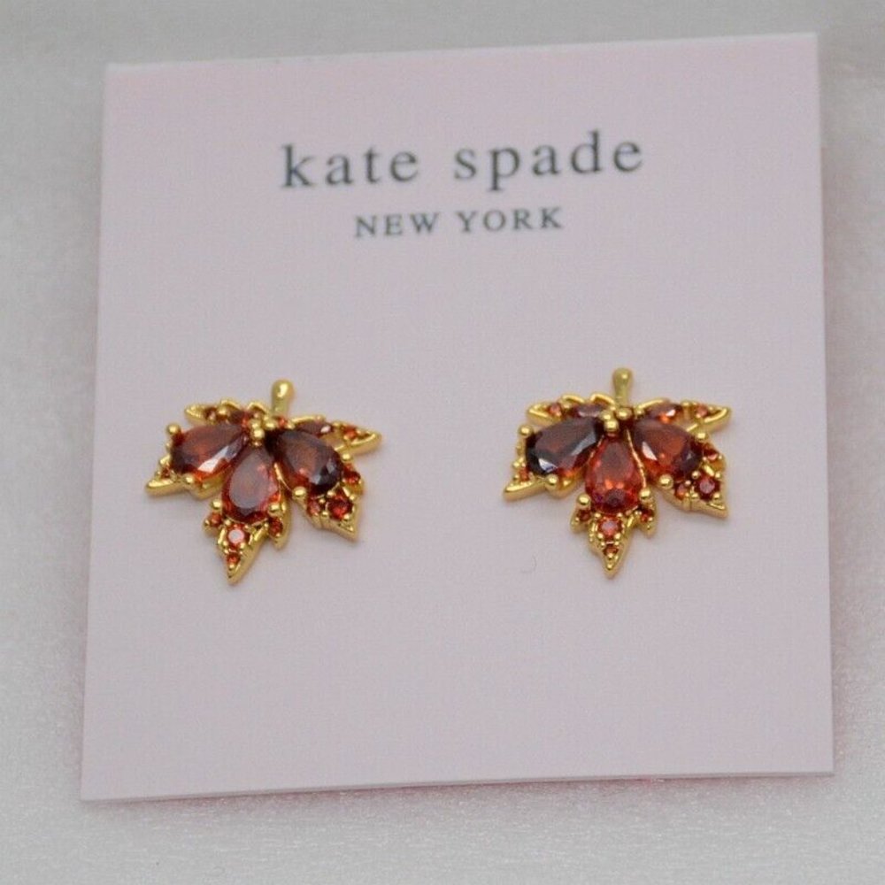 NEW Kate Spade yellow gold rust red maple leaf earrings. - Picture 4 of 5